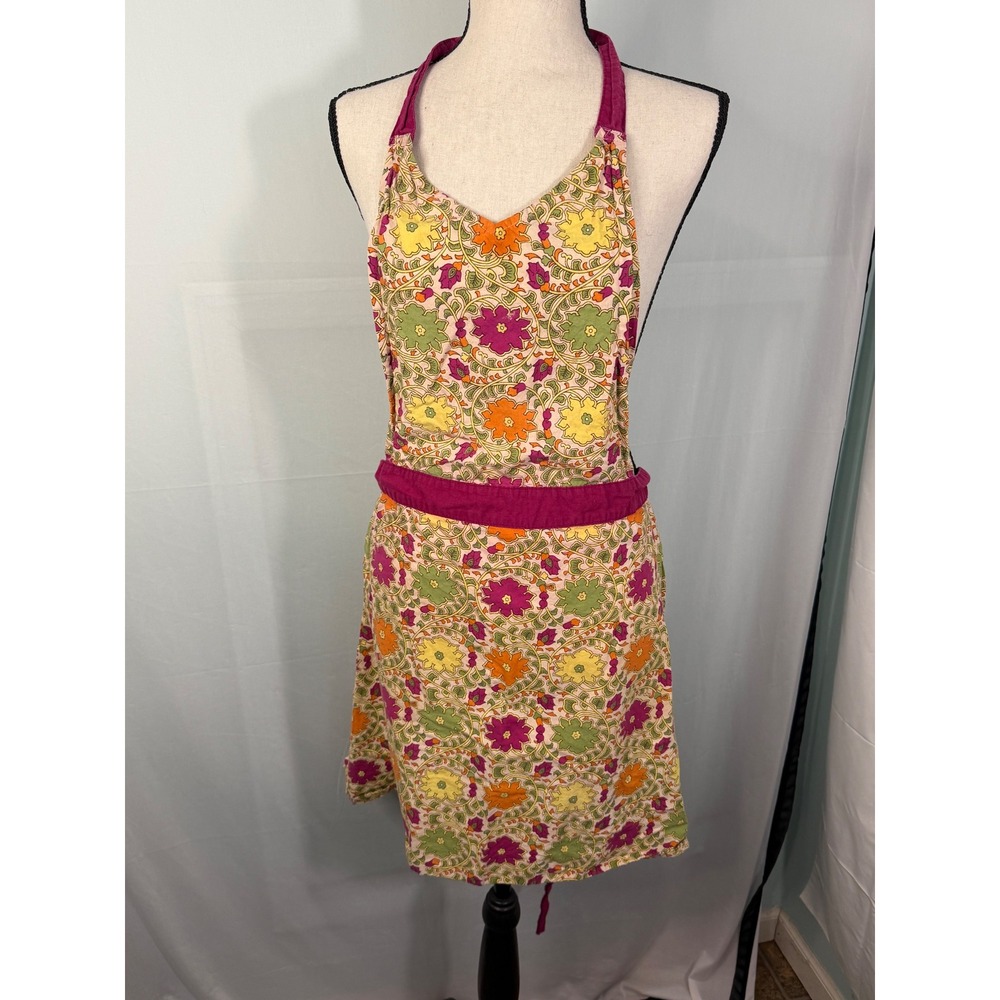 Fete Floral Halter Apron Womens OS Multicolor Cotton Block Print Excellent Tie